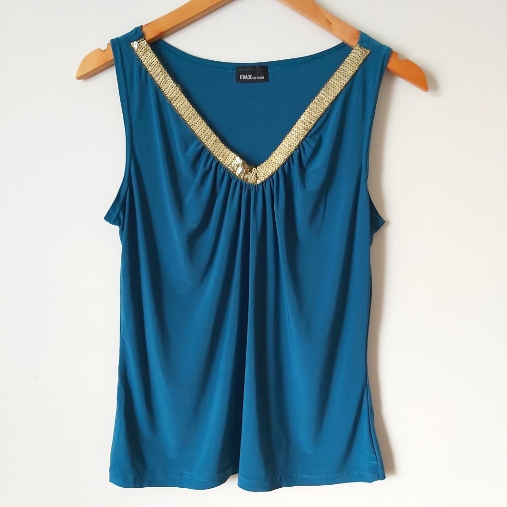 Gold Sequin and Teal V-neck Tank Top